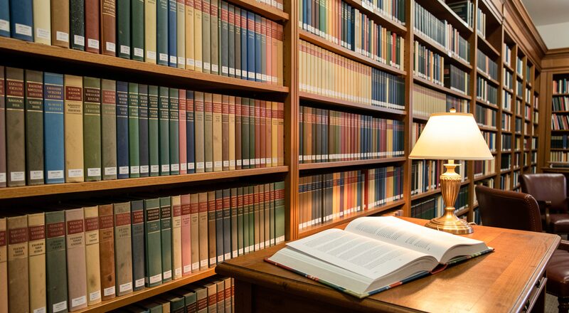 Long shelves of bound conference proceedings volumes in a university library, spines in faded colors, one open volume resting on a reading table under a warm lamp.