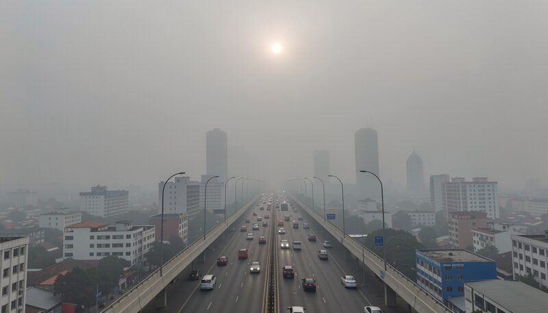 A busy elevated city road disappearing into thick grey haze at midday, the sun a pale disc through the smog, distant towers barely visible, muted colors.