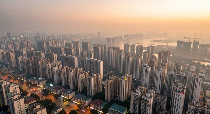 Aerial view of a dense Asian megacity at dusk, apartment towers packed to the horizon fading into warm haze, construction cranes at the outskirts, city lights beginning to glow.