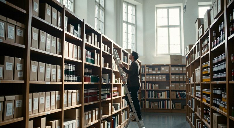 A student on a library ladder browsing long shelves of archive boxes and film canisters in a university map library, cool daylight falling from high windows, quiet atmosphere.
