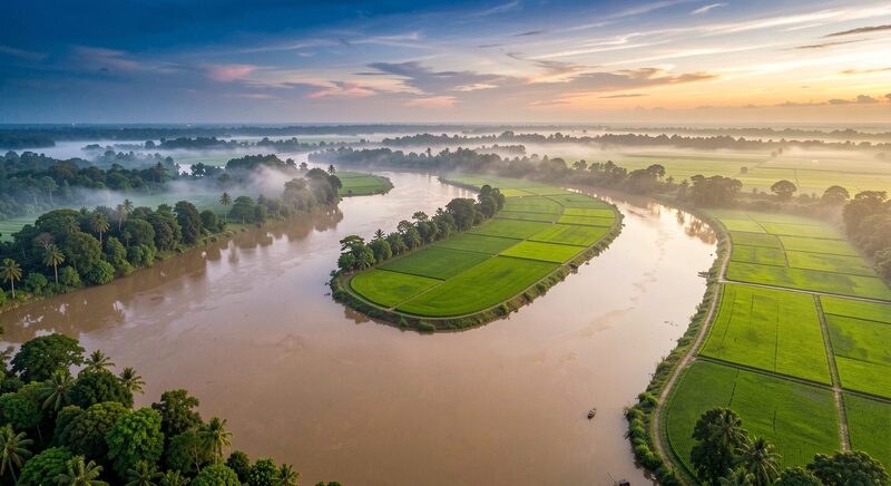 Aerial view at dawn of a wide tropical river delta, brown silt water branching between bright green rice paddies, thin morning mist over the tree lines, deep blue sky lightening to orange on the horizon, documentary aerial photography, natural colors.