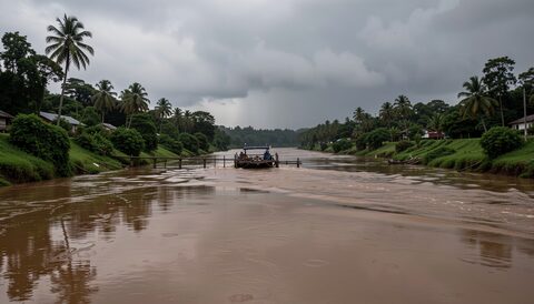 A wide tropical river in monsoon spate carrying brown water between green banks, a wooden ferry crossing, heavy grey sky about to release rain, dark reflections on the water.