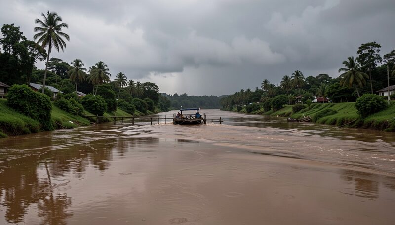 A wide tropical river in monsoon spate carrying brown water between green banks, a wooden ferry crossing, heavy grey sky about to release rain, dark reflections on the water.