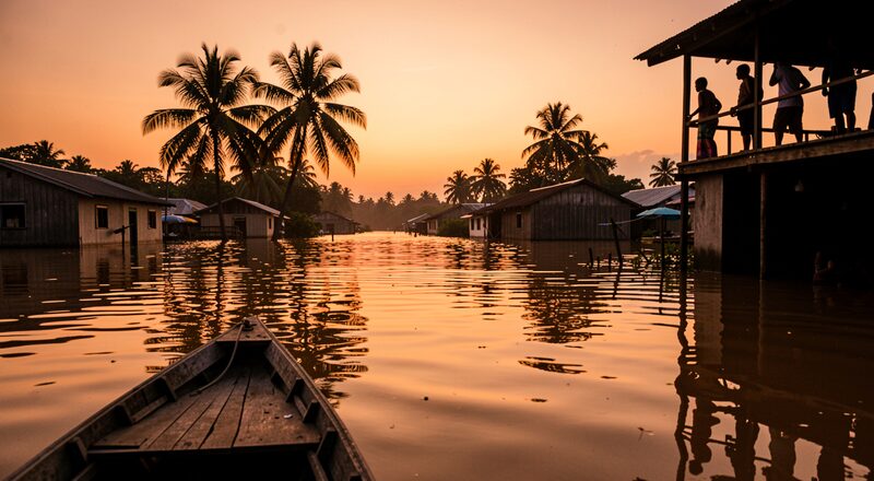 A flooded village seen from a small wooden boat at dusk, half-submerged houses and palm trees, brown flood water reflecting an orange sky, silhouettes of people watching from a rooftop.