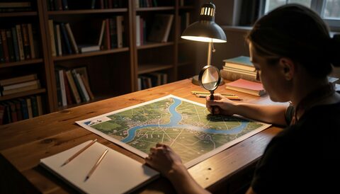 A researcher at a wooden desk studying a large printed satellite map of a river delta under a magnifying loupe, notebook and pencils nearby, warm desk lamp in a dim archive room, shallow depth of field.